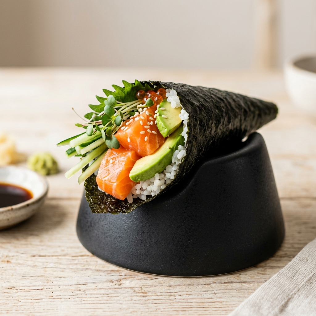 Rollo de sushi fresco forrado completamente con rebanadas de aguacate cremoso
